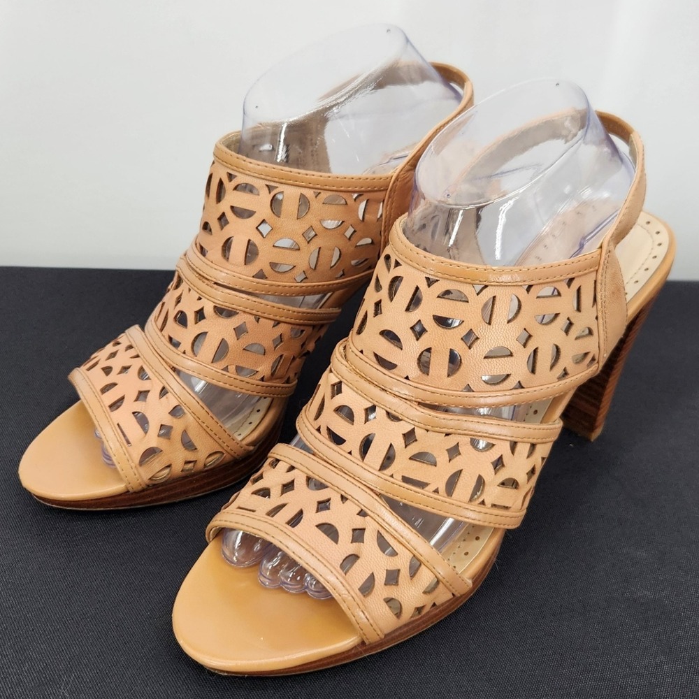 Adrienne Vittadini AV-Primber Tan Leather Open Toe Slingback Heels Sz 9.5